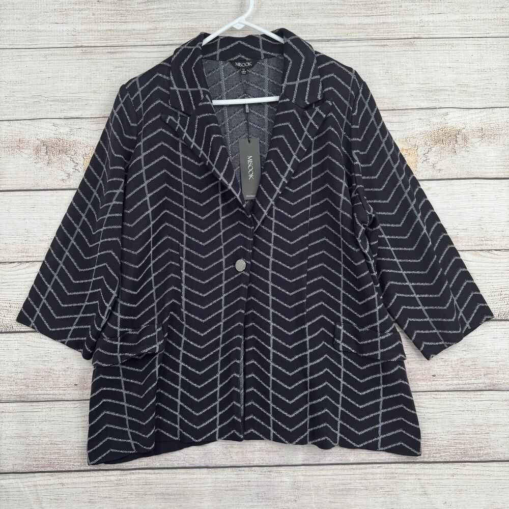 Misook Chevron One Button Knit Blazer Jacket Womens 1X Navy Blue Stretch New